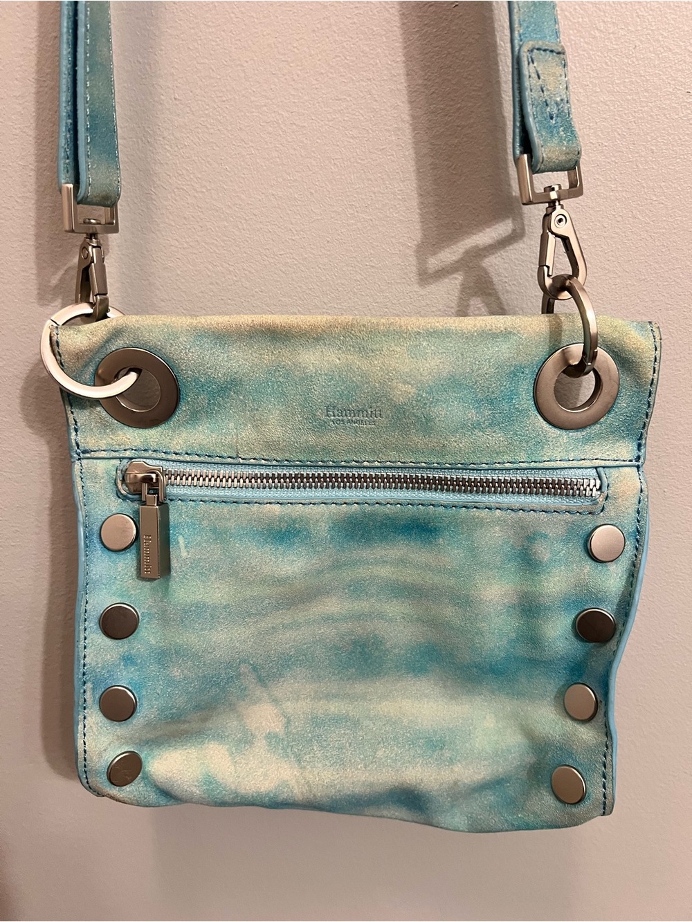 Hammitt Tony small handbag featuring a light blue tie-dye pattern